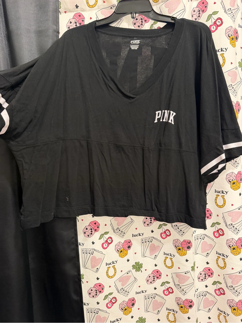 PINK Victoria's Secret Black Cropped V-Neck Tee with White Sleeve Stripes